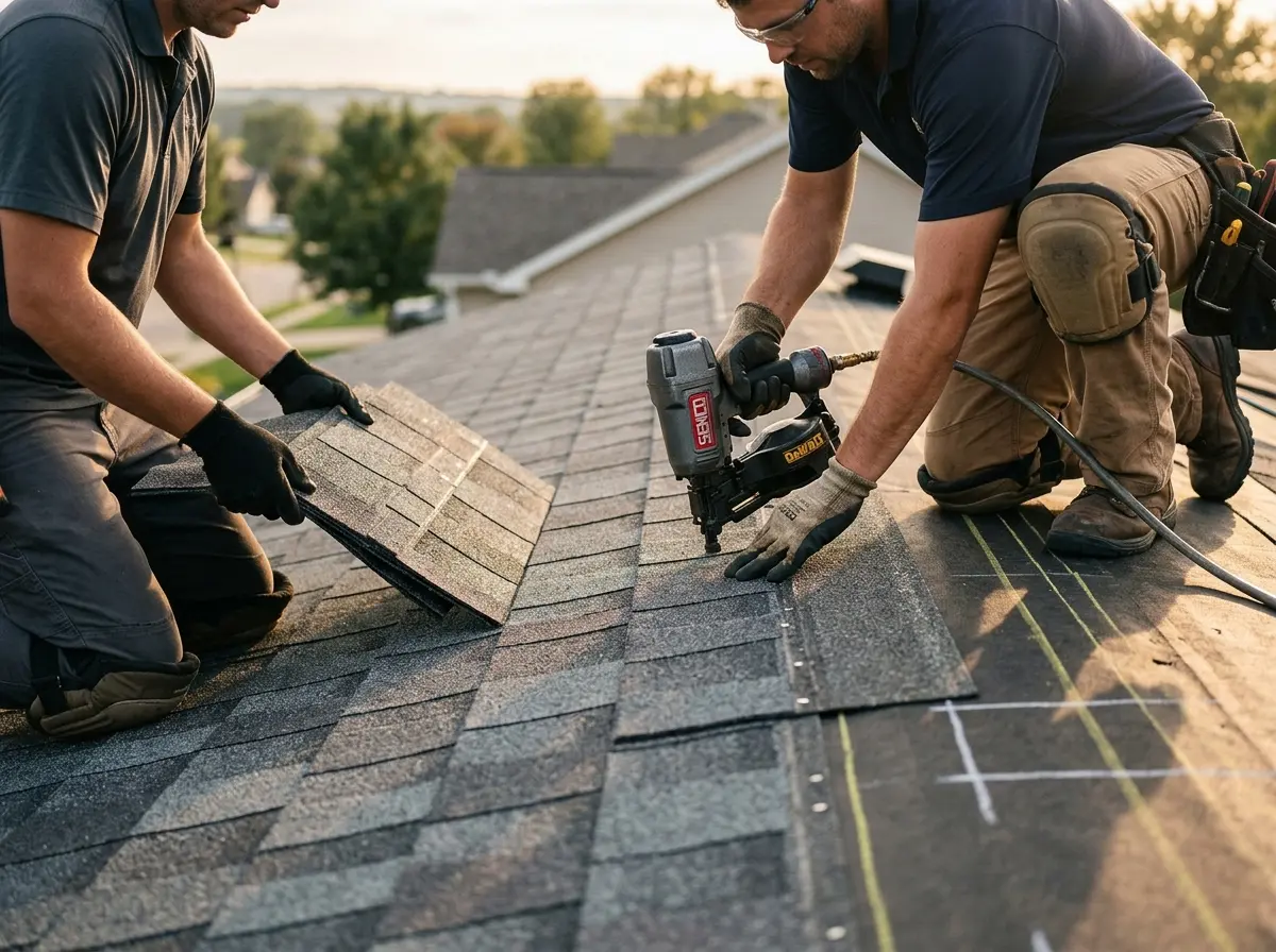 Professional roofer working on a residential roof in St. Robert